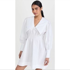 New GANNI Puff-Sleeve Poplin Collar Mini Dress V-Neck Bright White Size 36/ 4